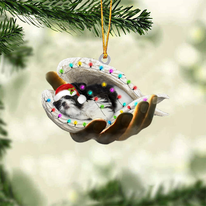 Black and white shih tzu Sleeping Angel In God Hand Christmas Ornament