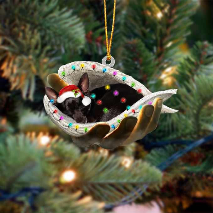 Black chihuahua Sleeping Angel In God Hand Christmas Ornament