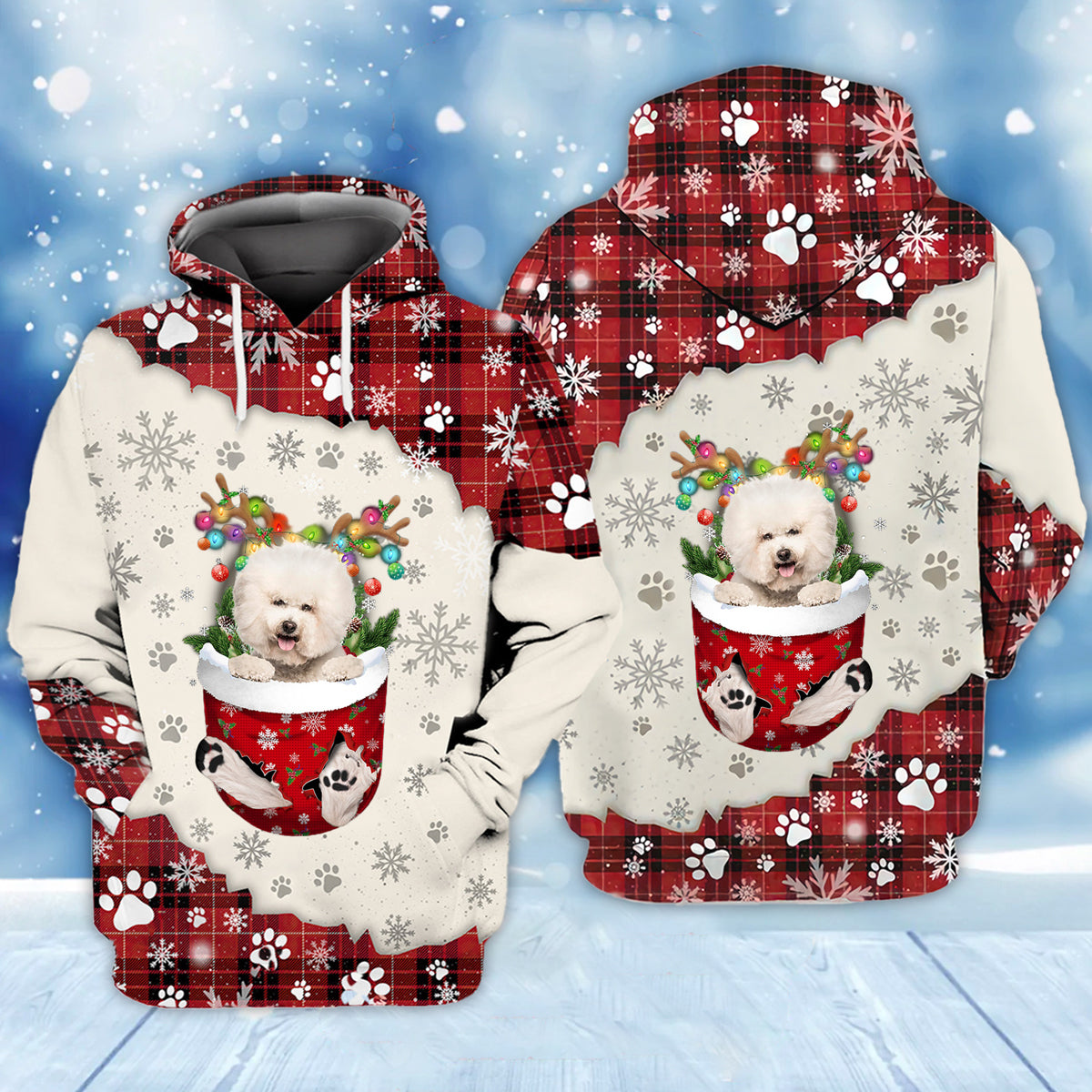 CREAM Bichon Frise In Snow Pocket Merry Christmas Unisex Hoodie
