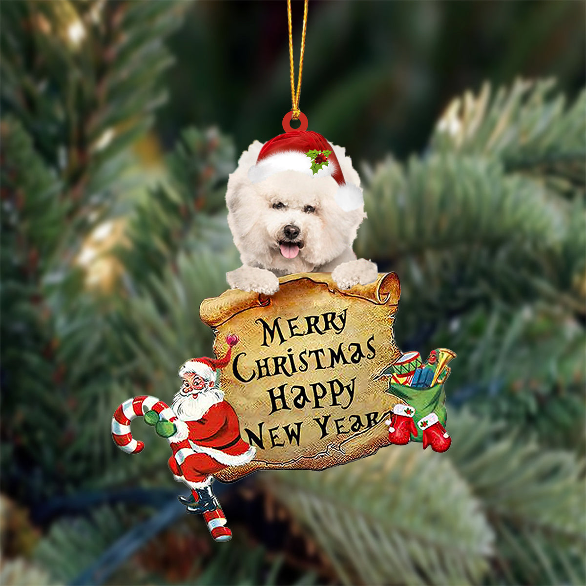 CREAM Bichon Frise Merry Christmas&Happy New Year Hanging Ornament