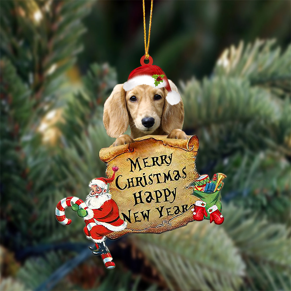 CREAM Long haired Dachshund Merry Christmas&Happy New Year Hanging Ornament