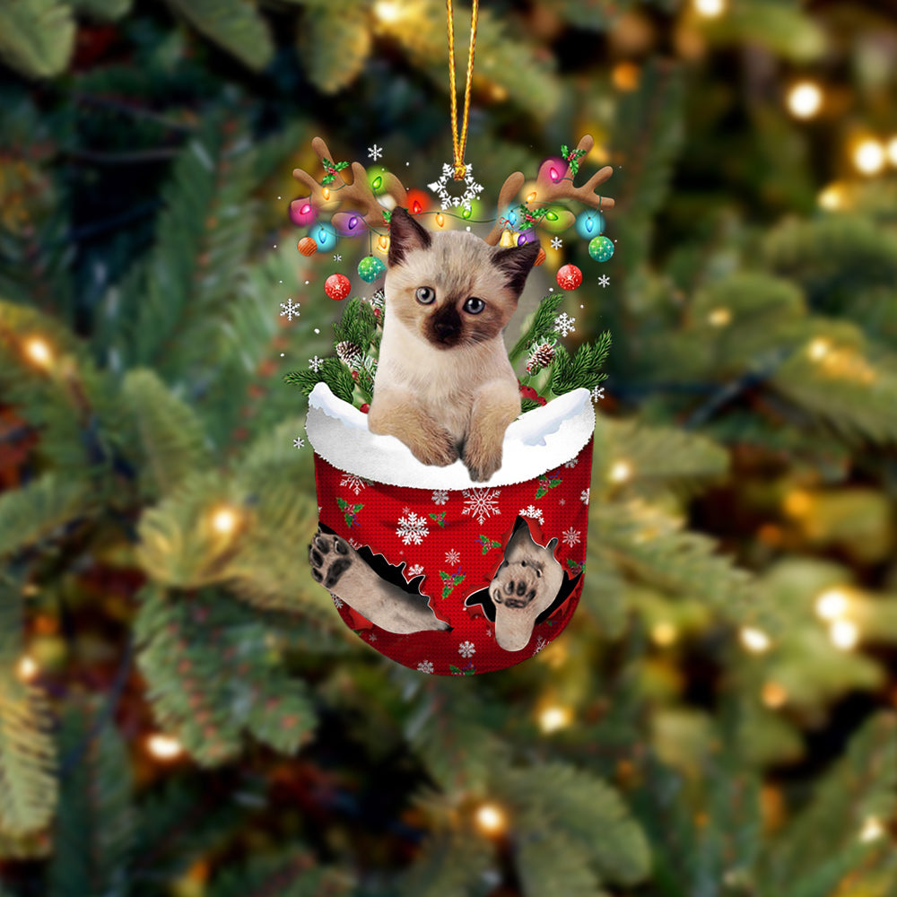 Cat Siamese In Snow Pocket Christmas Ornament