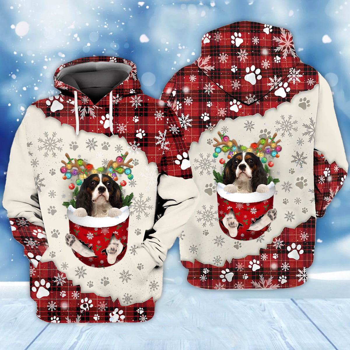 Cavalier King Charles Spaniel .In Snow Pocket Merry Christmas Unisex Hoodie