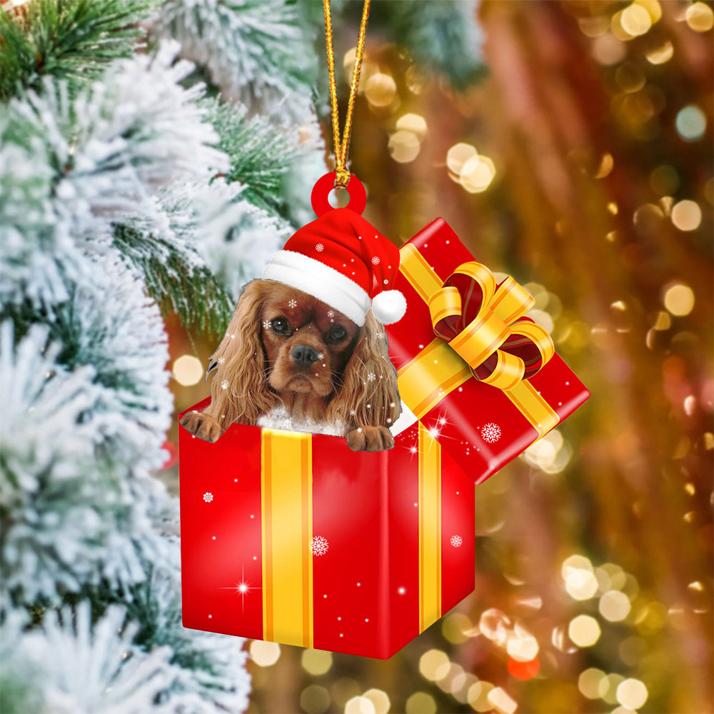 Cavalier King Charles Spaniel In Red Gift Box Christmas Ornament