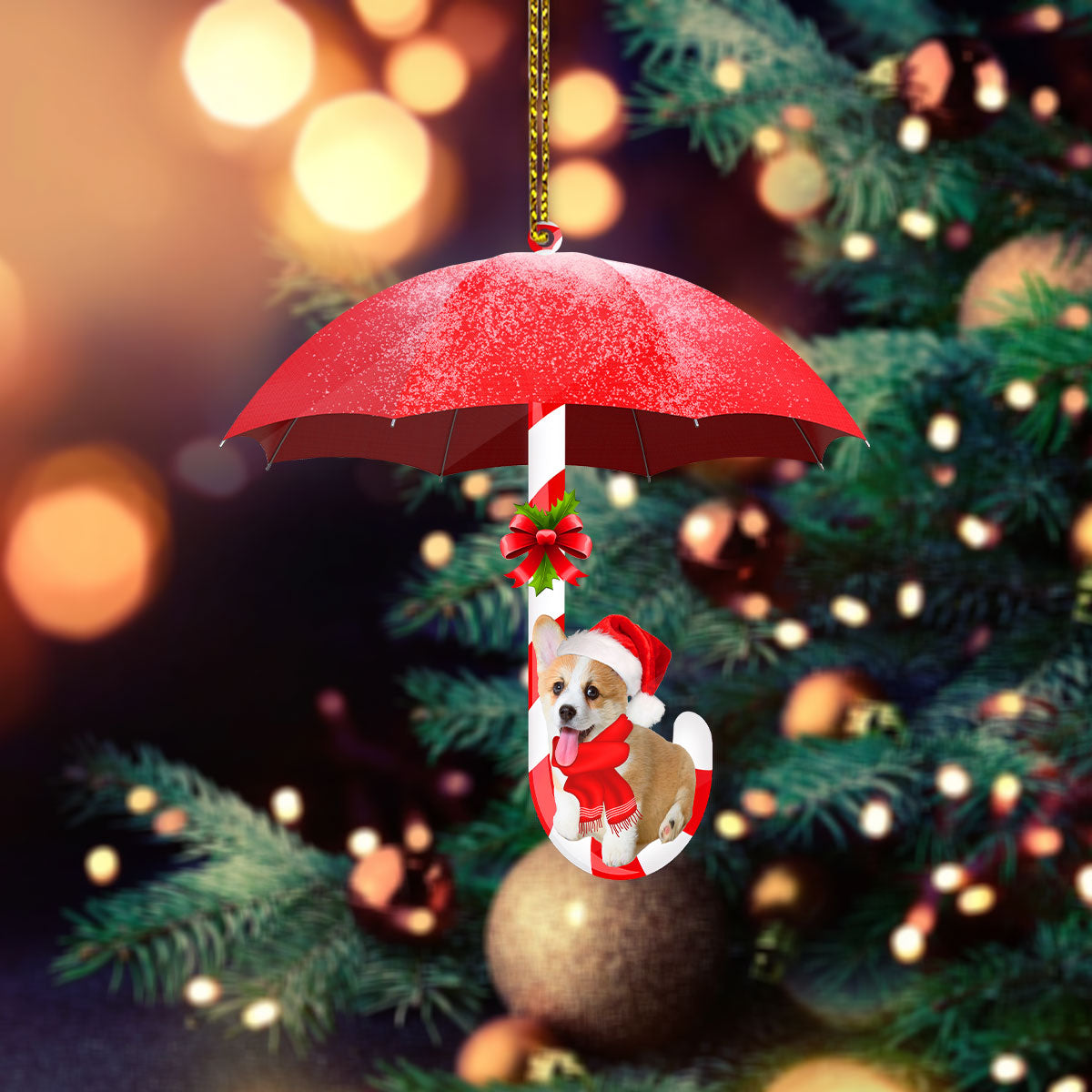 Corgi Under Umbrella Christmas Ornament