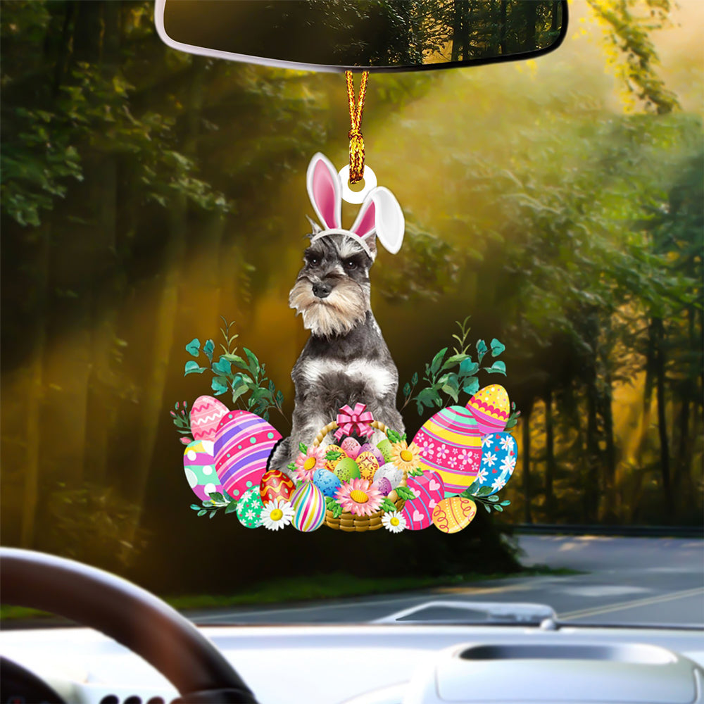 GREY Miniature Schnauzer Happy Easter Car Hanging Ornament