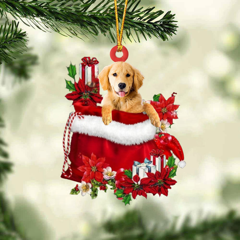 Golden Retriever In Gift Bag Christmas Ornament