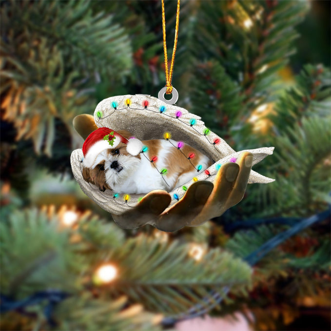 Gold white shih tzu Sleeping Angel In God Hand Christmas Ornament