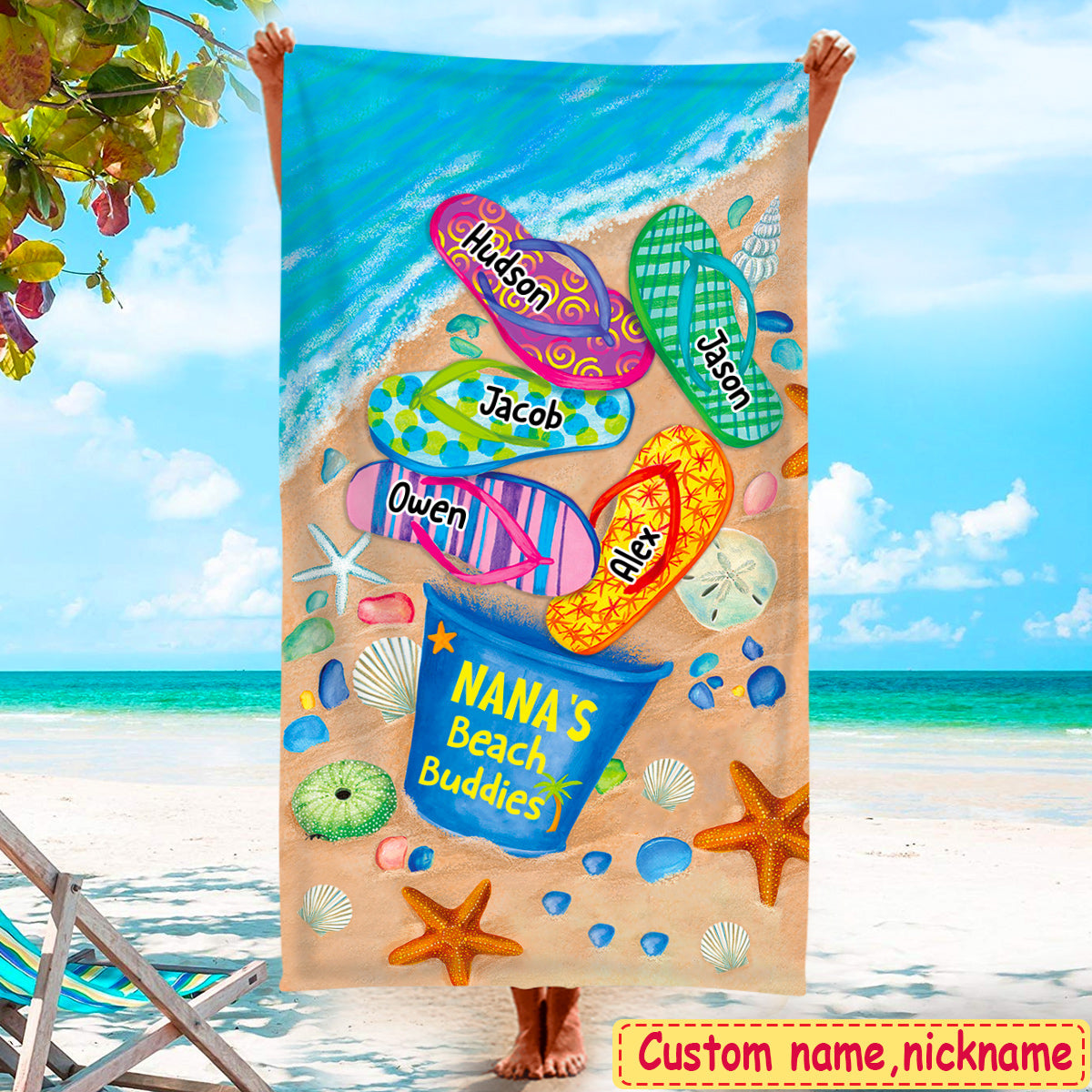 Nana's Beach Buddies Summer Flip Flop Personalized Beach Towel Perfect Gift for Grandmas Moms Aunties HTN08MAY23CT5