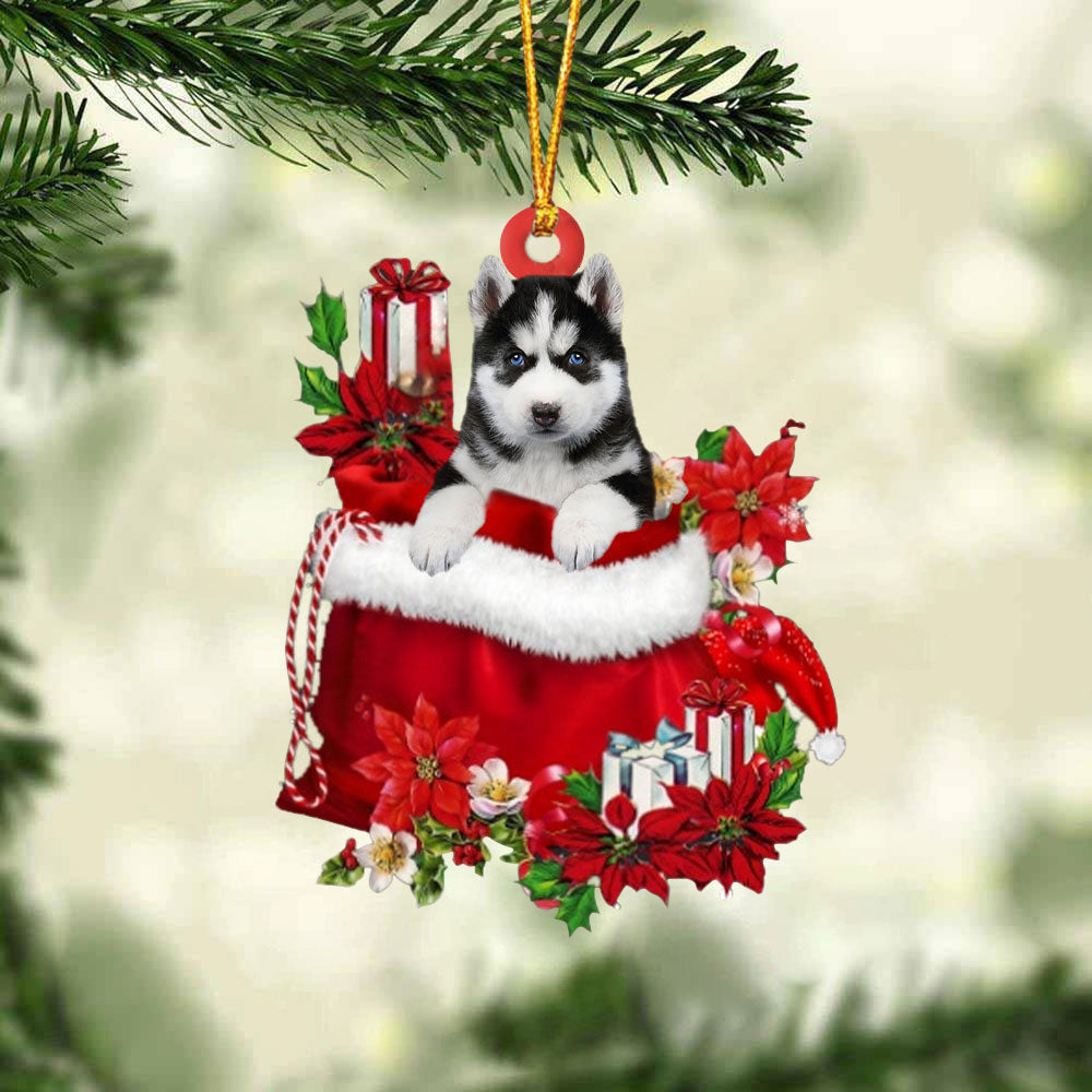 Husky In Gift Bag Christmas Ornament