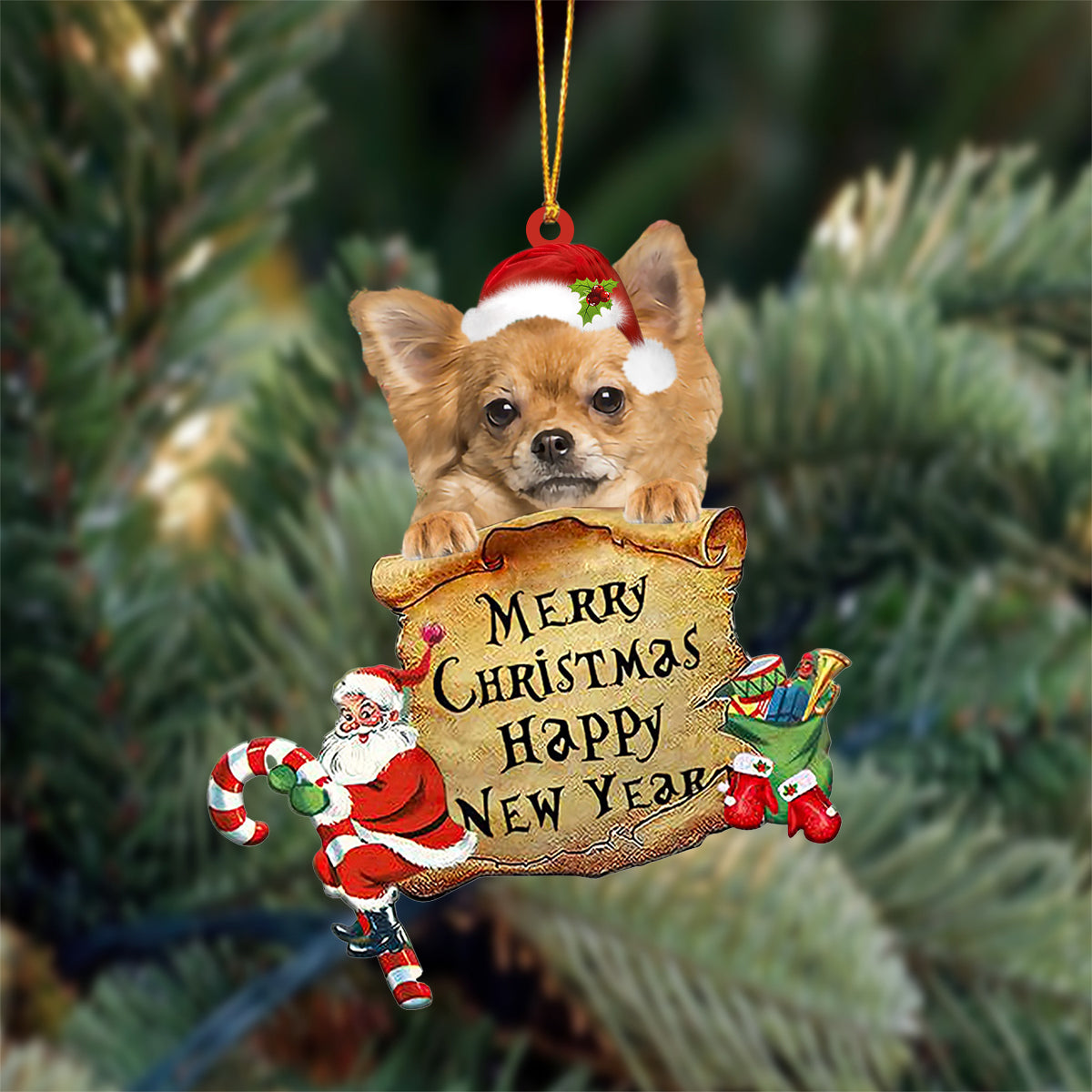 Long haired Tan Chihuahua Merry Christmas&Happy New Year Hanging Ornament
