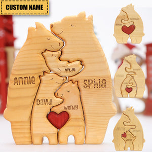 (Ship Worldwide)Personalized Bear Family Wooden Art Puzzle, Gift For Family