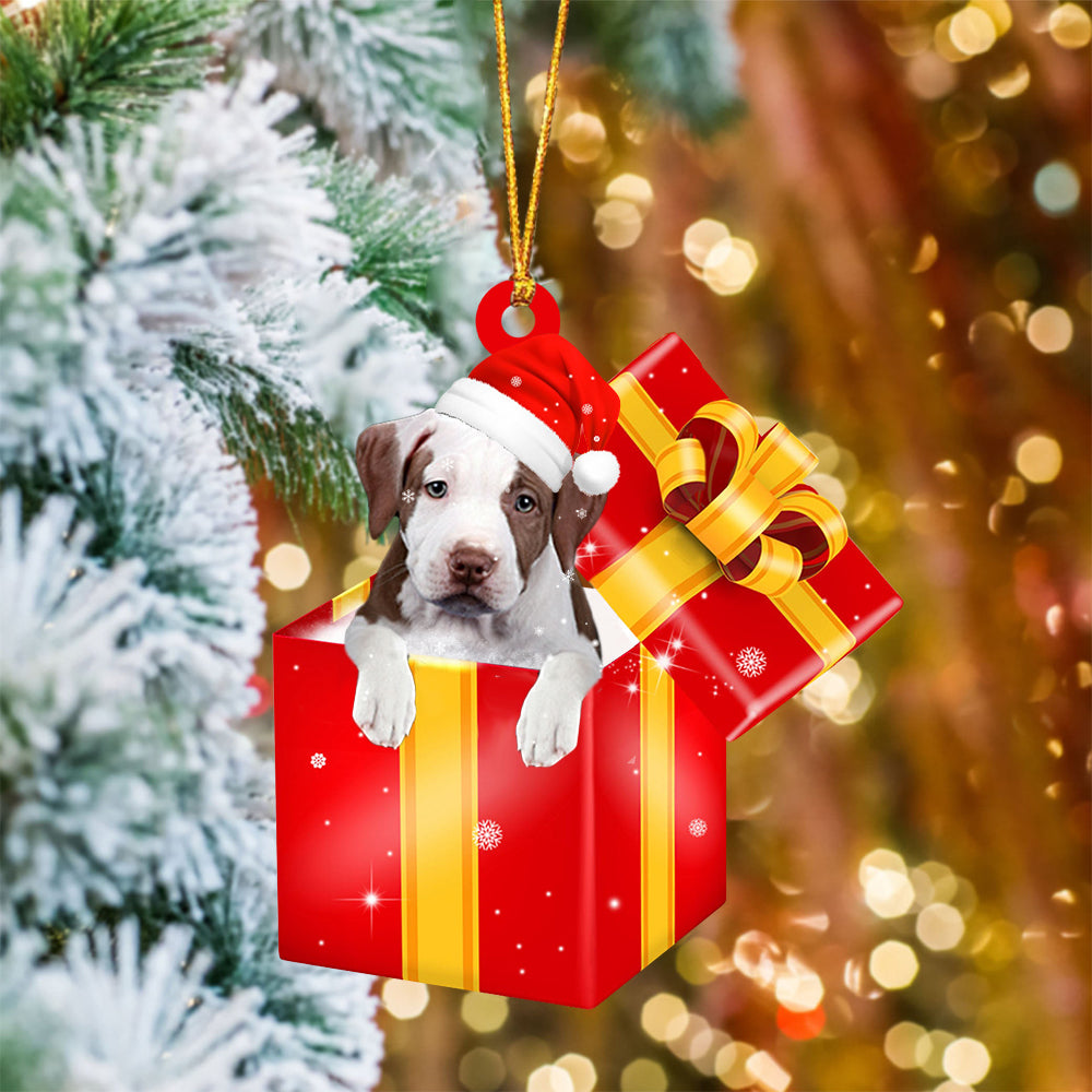 Pit Bull In Red Gift Box Christmas Ornament