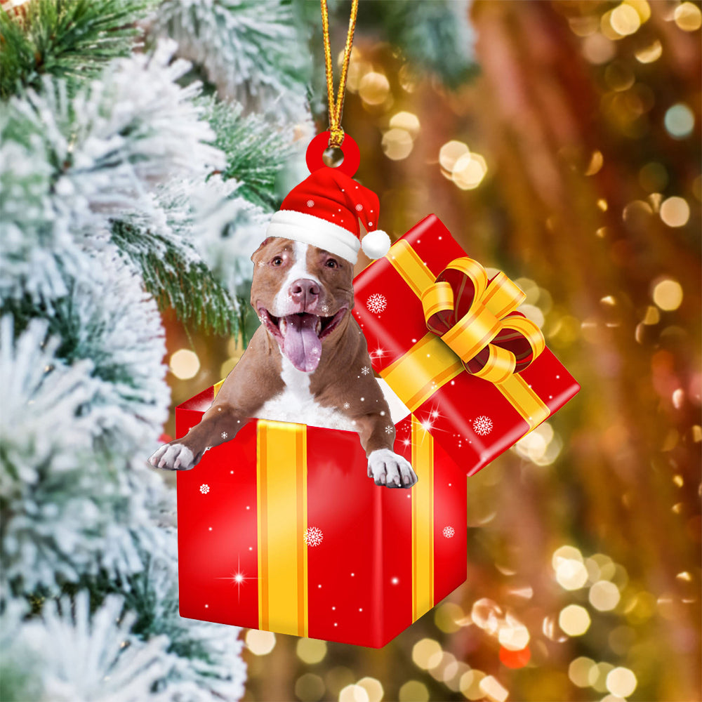 Pitbull In Red Gift Box Christmas Ornament