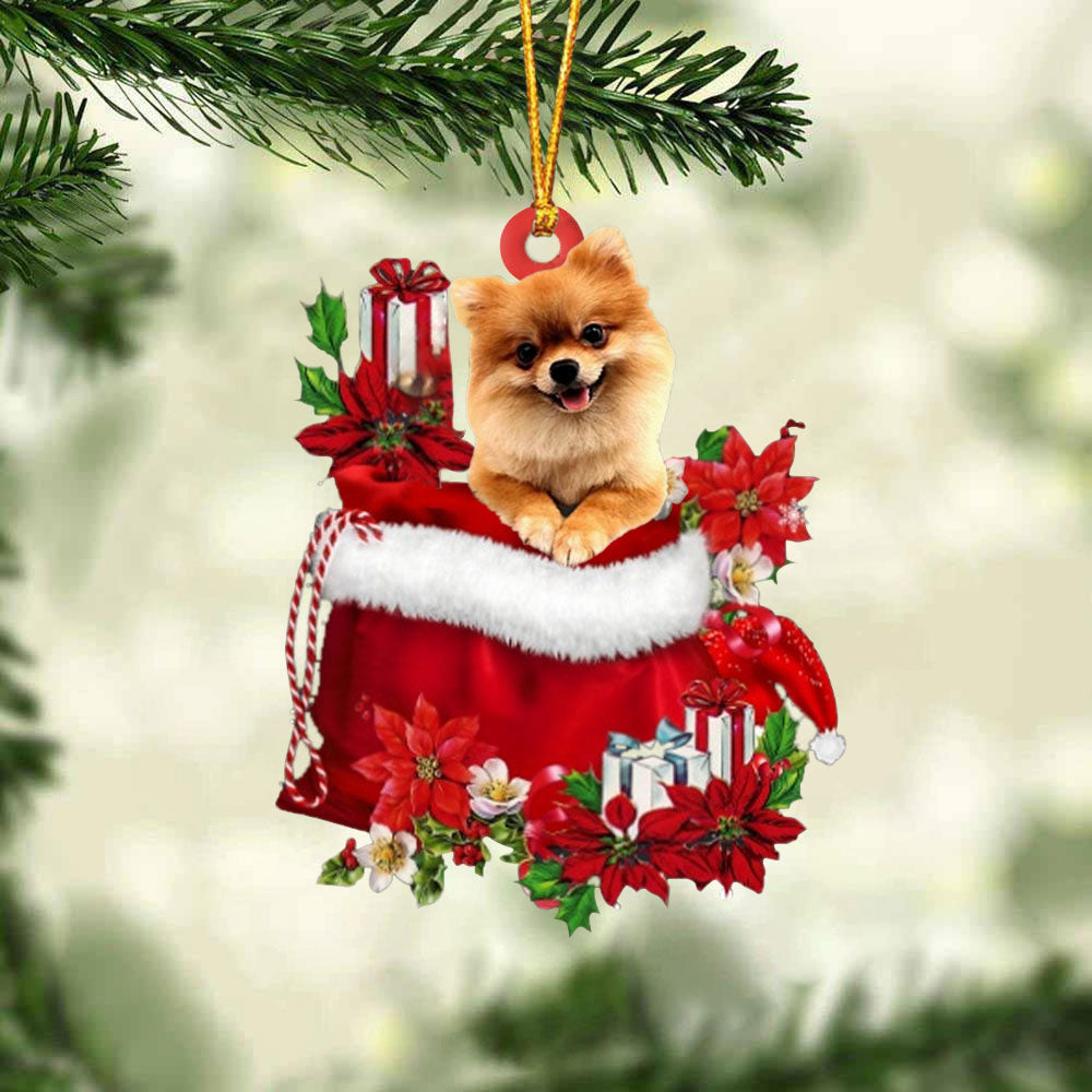 Pomeranian In Gift Bag Christmas Ornament
