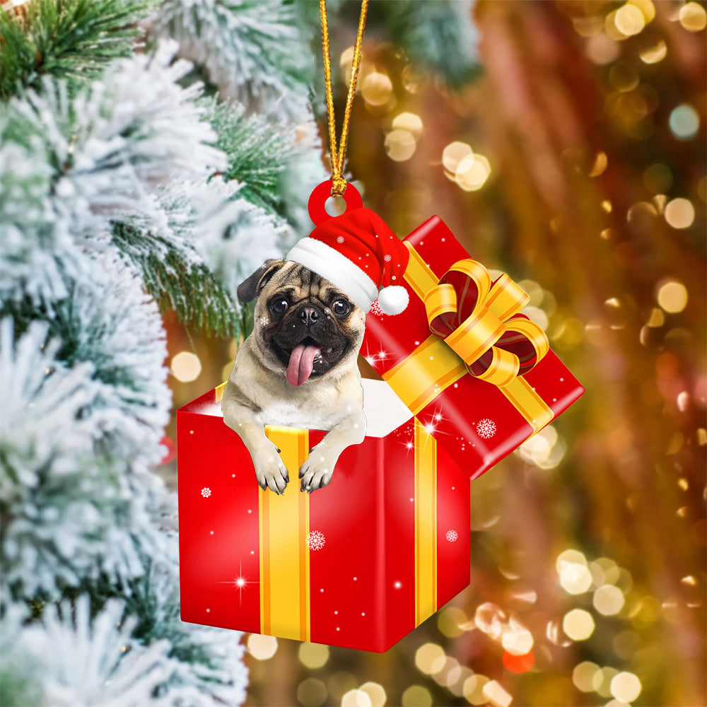 Pug In Red Gift Box Christmas Ornament