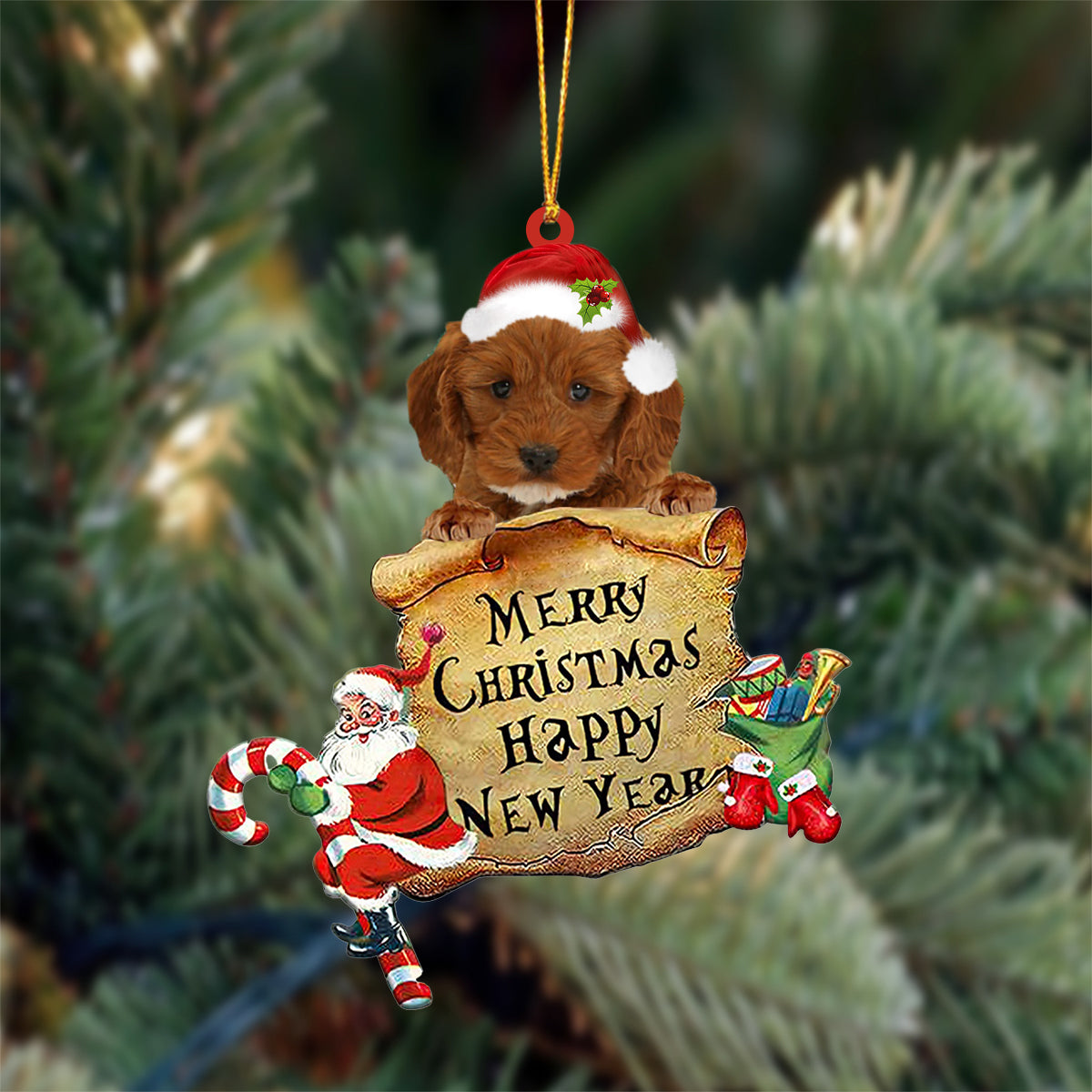 RED Cockapoo Merry Christmas&Happy New Year Hanging Ornament
