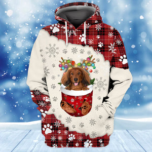 RED LONG HAIRED Dachshund In Snow Pocket Merry Christmas Unisex Hoodie