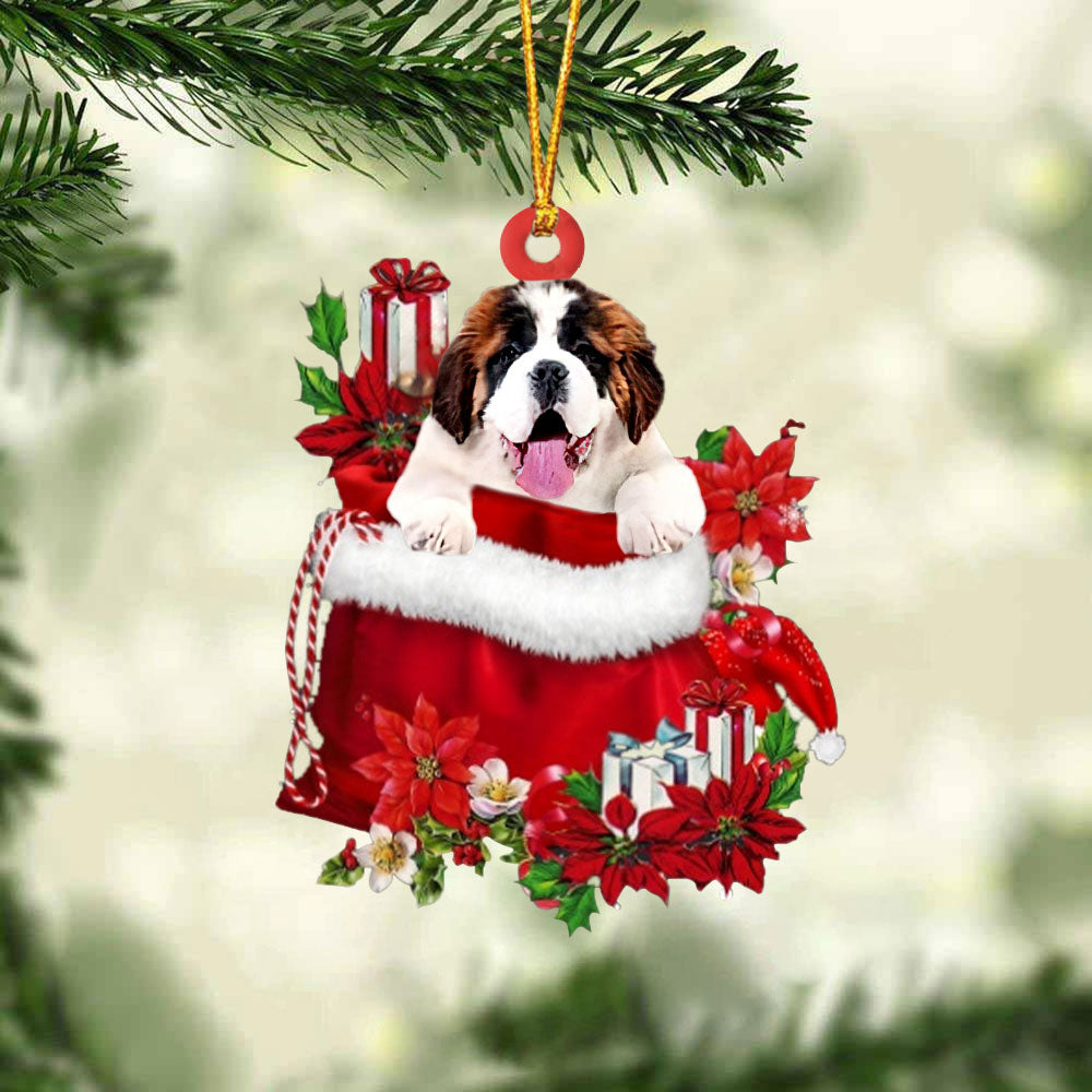 Saint Bernard In Gift Bag Christmas Ornament