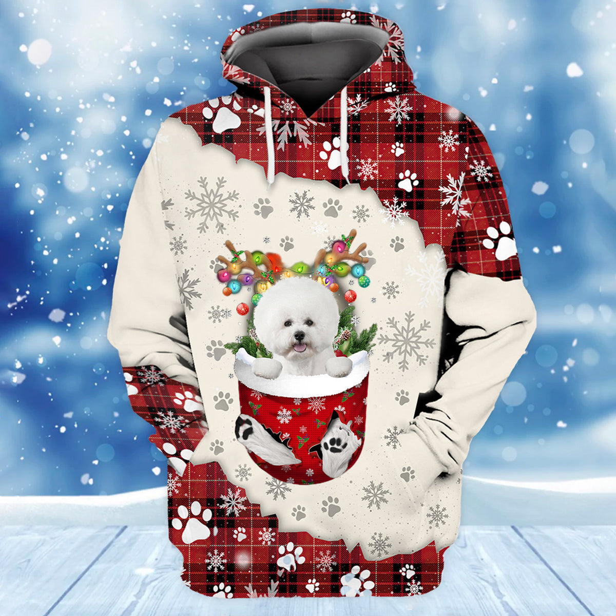 WHITE Bichon Frise In Snow Pocket Merry Christmas Unisex Hoodie