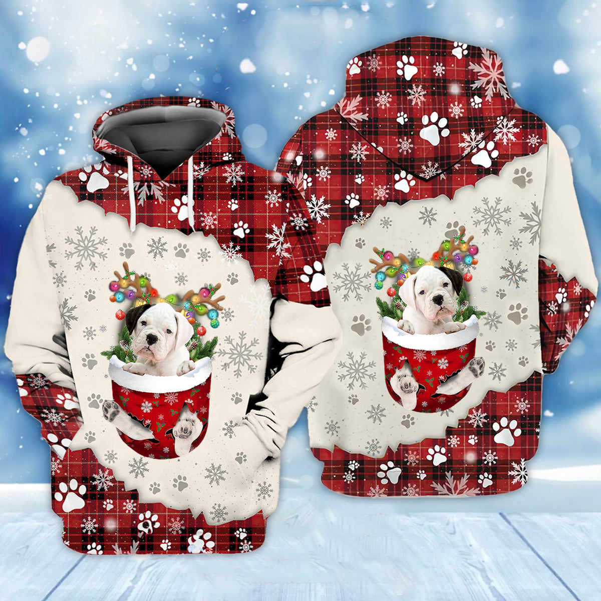 WHITE Boxer In Snow Pocket Merry Christmas Unisex Hoodie
