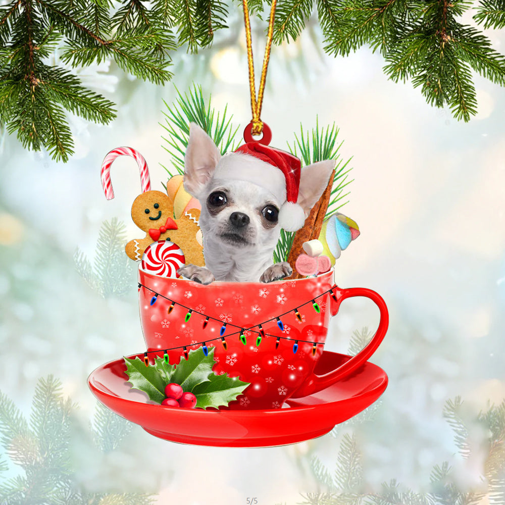 WHITE Chihuahua In Cup Merry Christmas Ornament