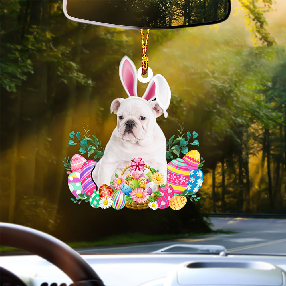WHITE English Bulldog Happy Easter Car Hanging Ornament