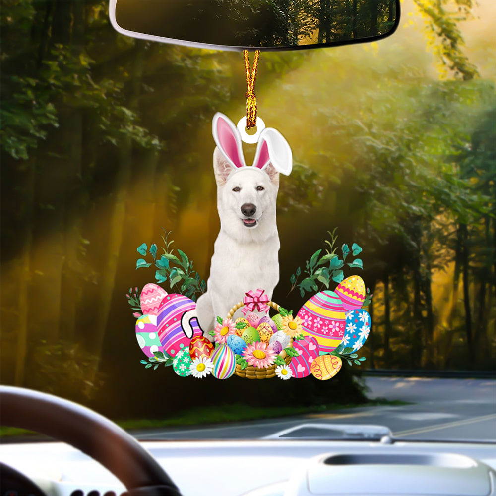 WHITE German Shepherd Happy Easter Car Hanging Ornament