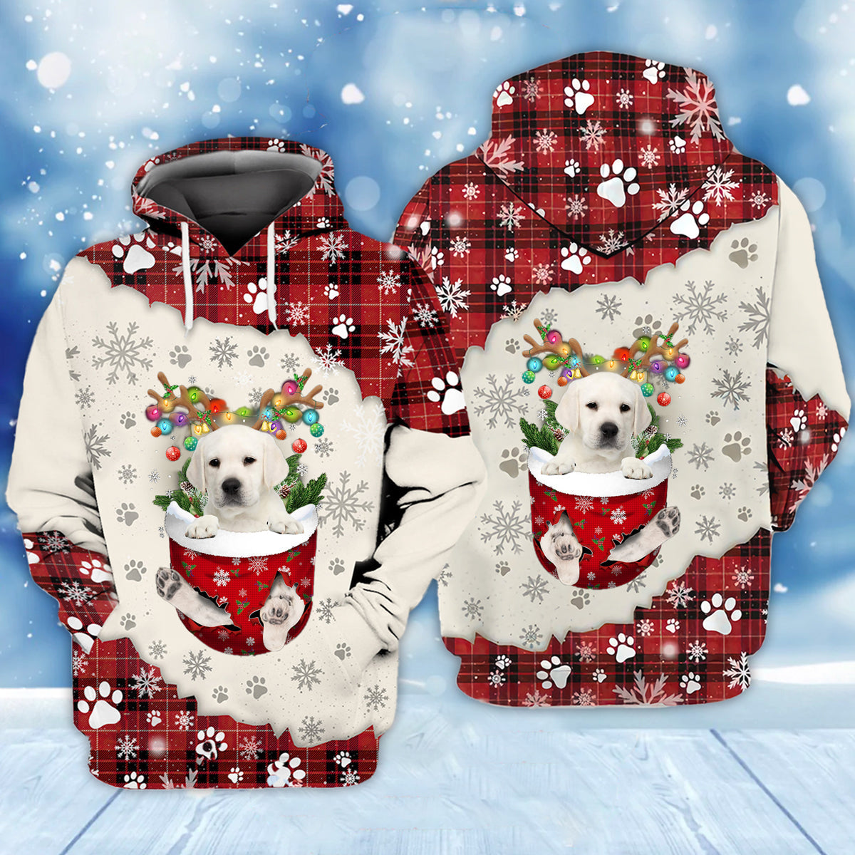 WHITE Labrador In Snow Pocket Merry Christmas Unisex Hoodie