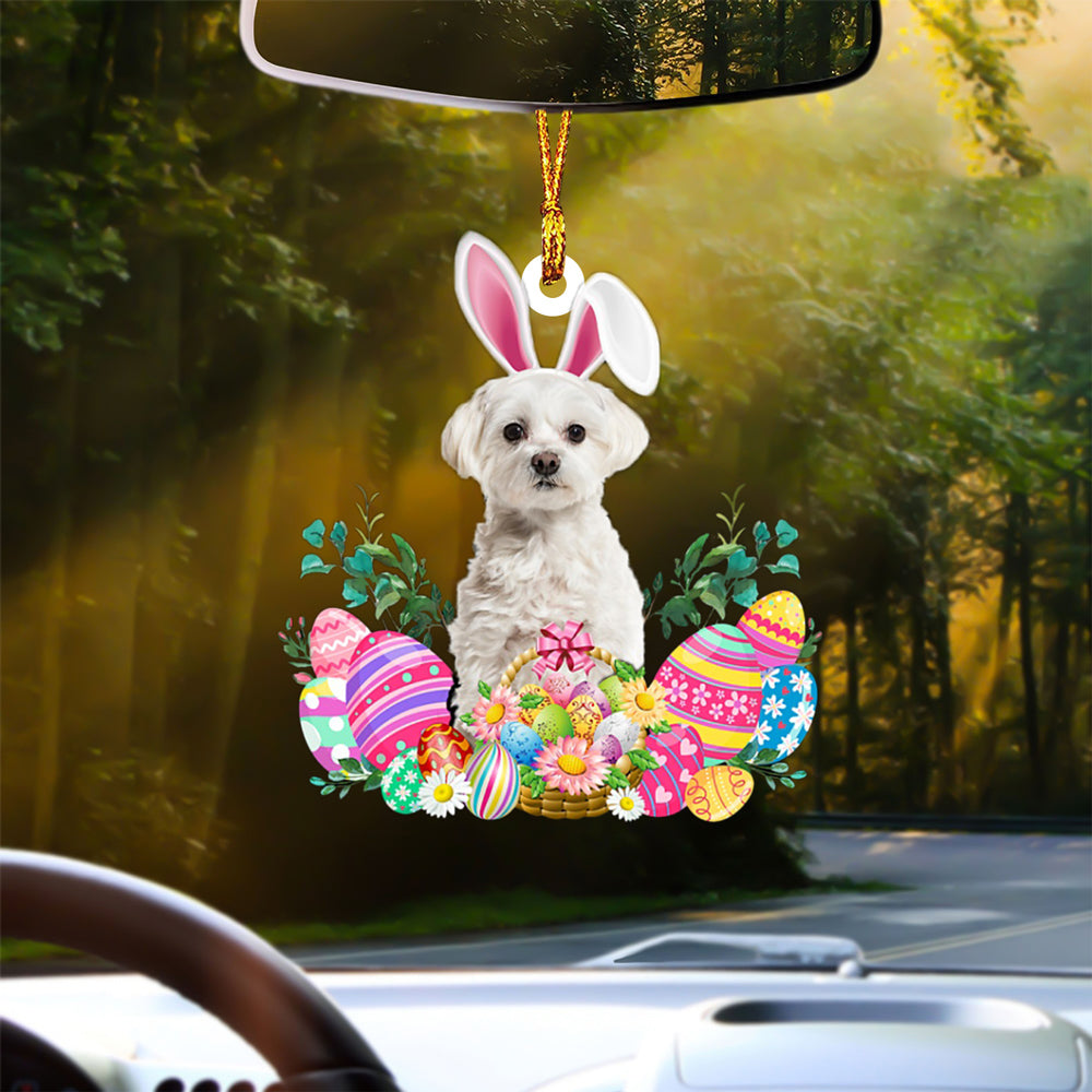 WHITE Maltese Happy Easter Car Hanging Ornament