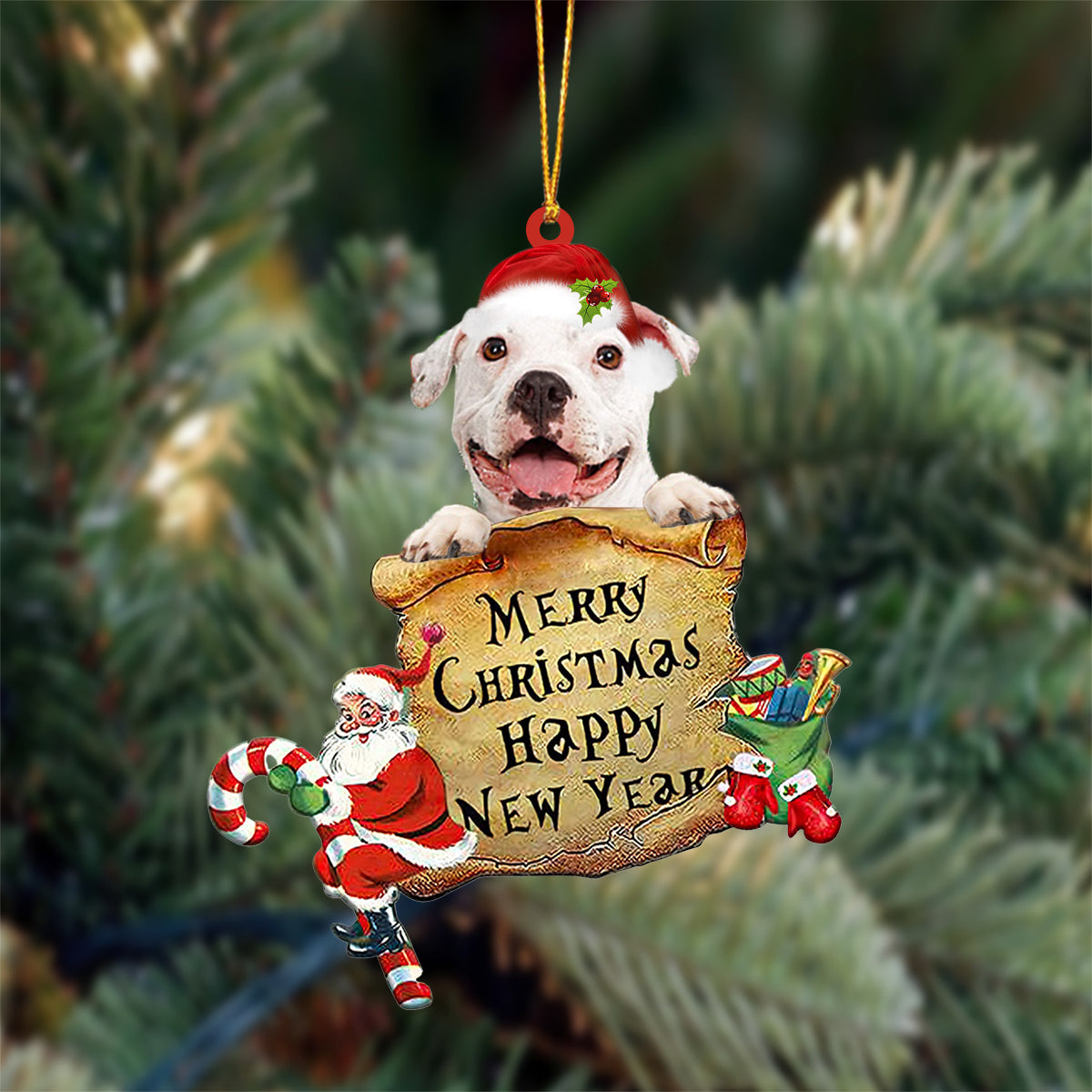 WHITE Pitbull Merry Christmas&Happy New Year Hanging Ornament