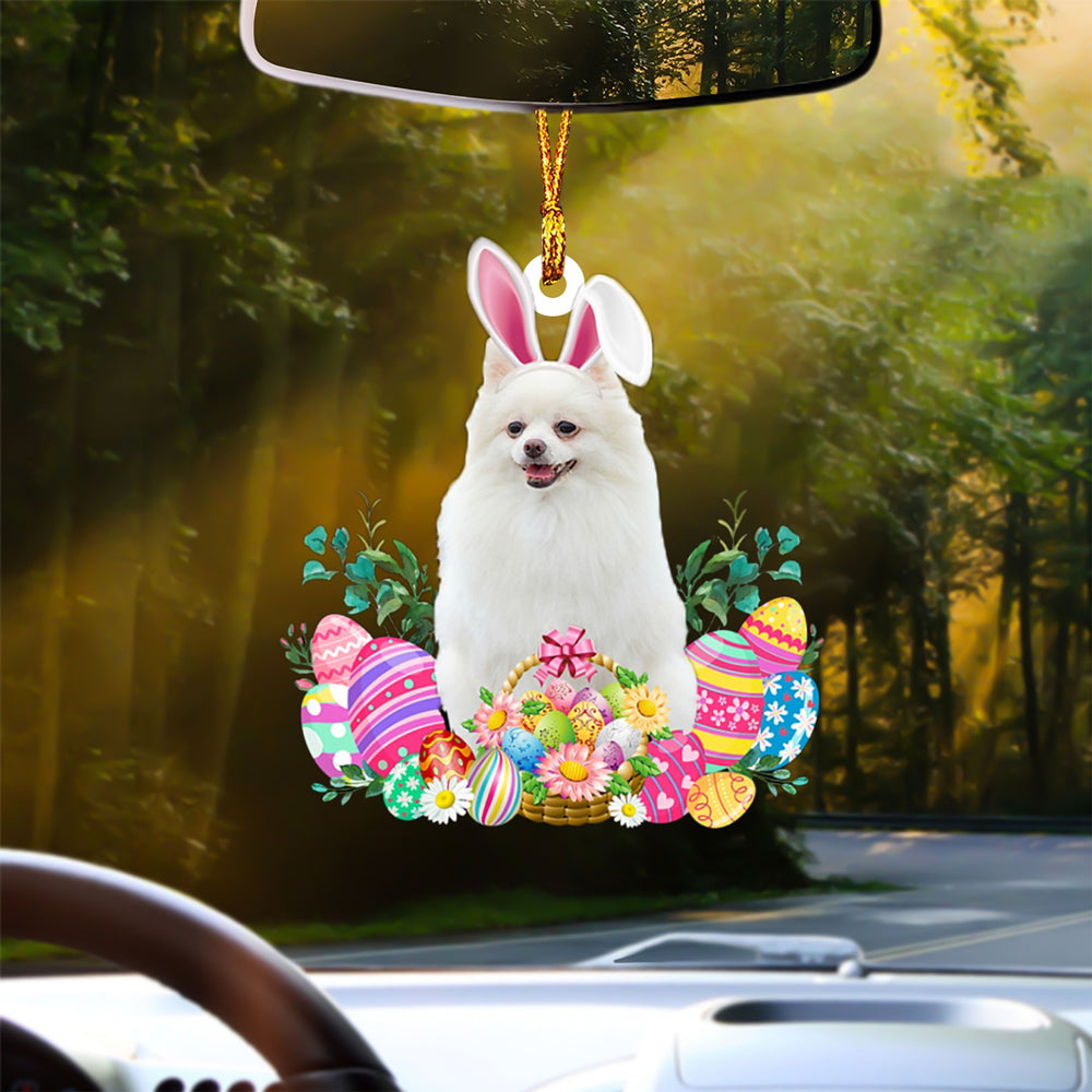 WHITE Pomeranian Happy Easter Car Hanging Ornament