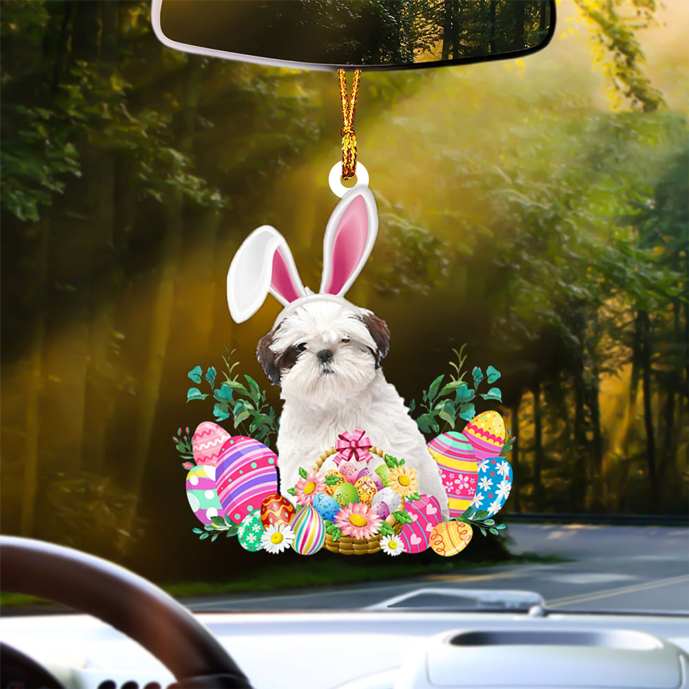 WHITE Shih Tzu Happy Easter Car Hanging Ornament