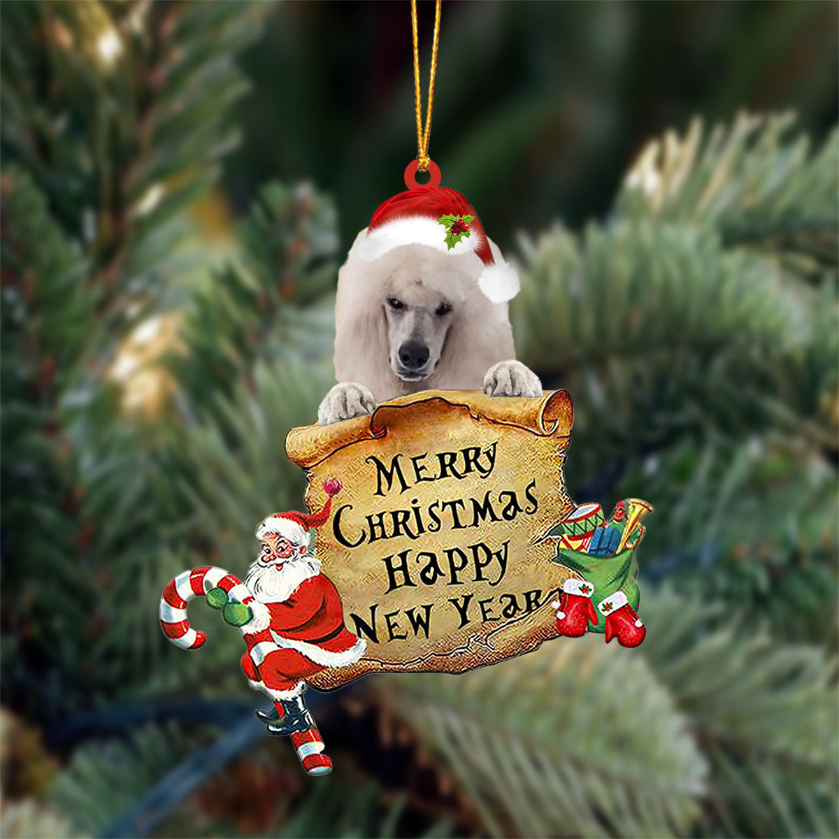 WHITE Standard Poodle Merry Christmas&Happy New Year Hanging Ornament