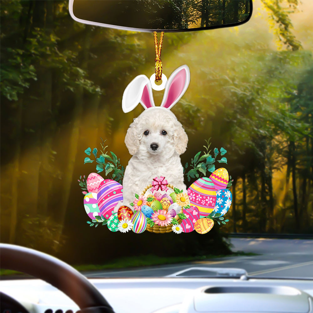 WHITE Toy Poodle Happy Easter Car Hanging Ornament