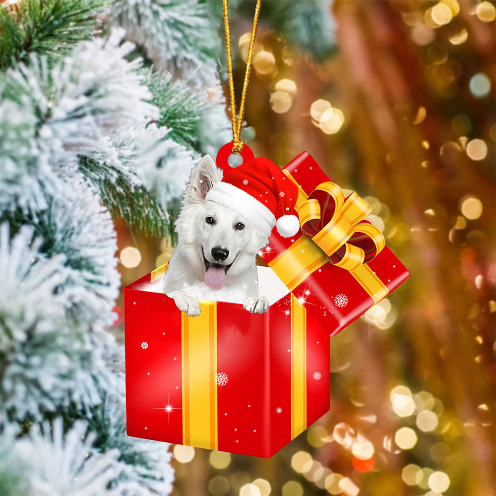 White German Shepherd In Red Gift Box Christmas Ornament