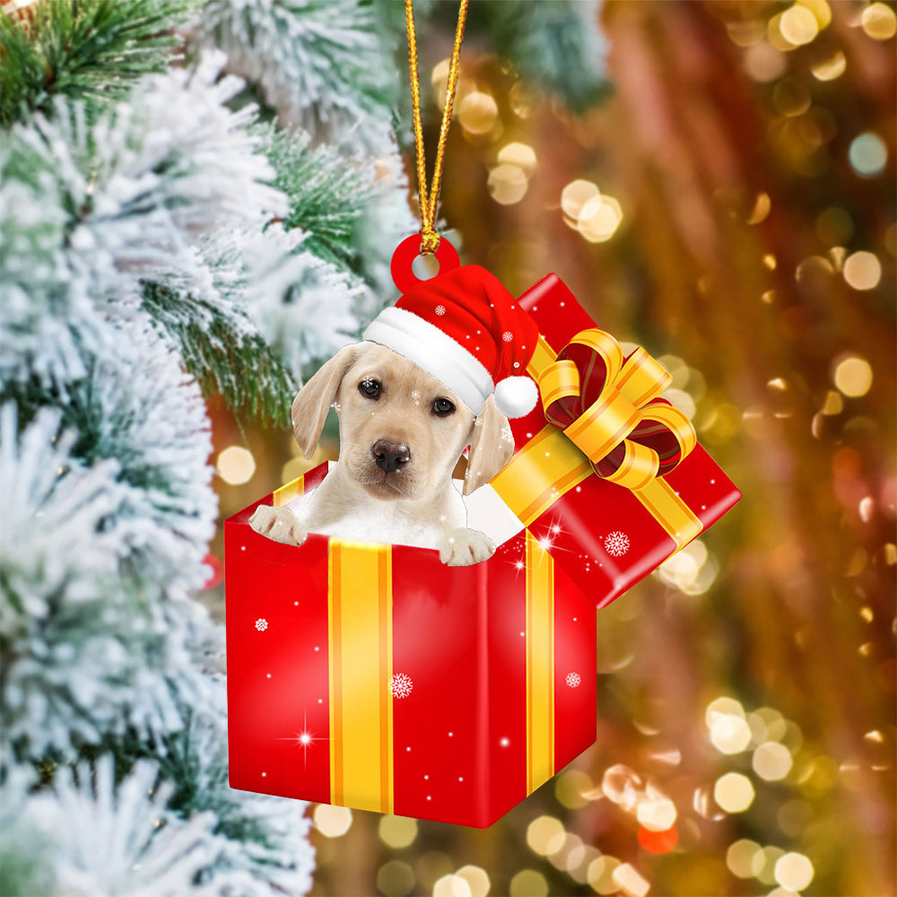 Yellow Labrador In Red Gift Box Christmas Ornament