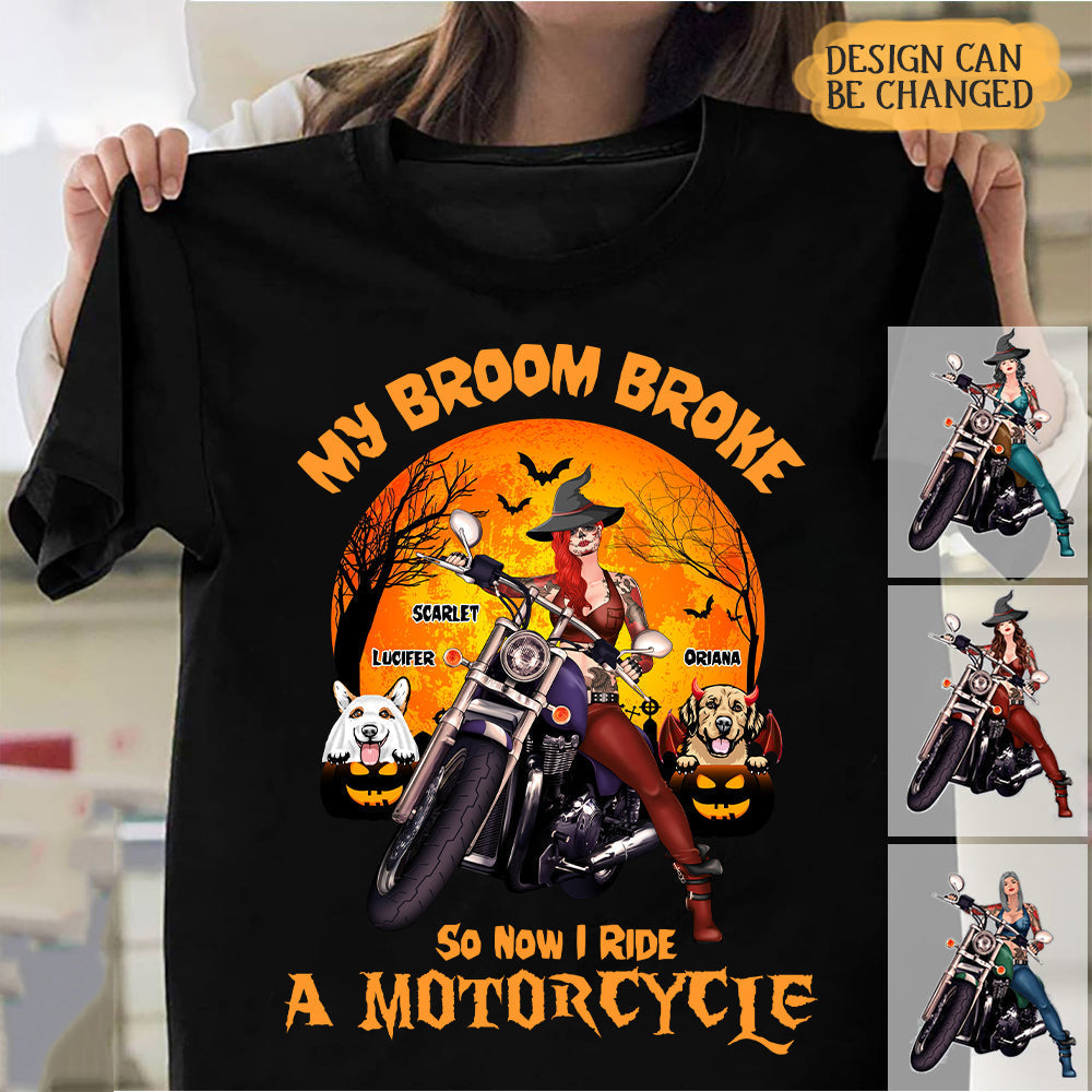 Custom Personalized Witch Biker Shirt - Halloween Gift Idea For Bikers - My Broom Broke So Now I Ride A Motorcycle