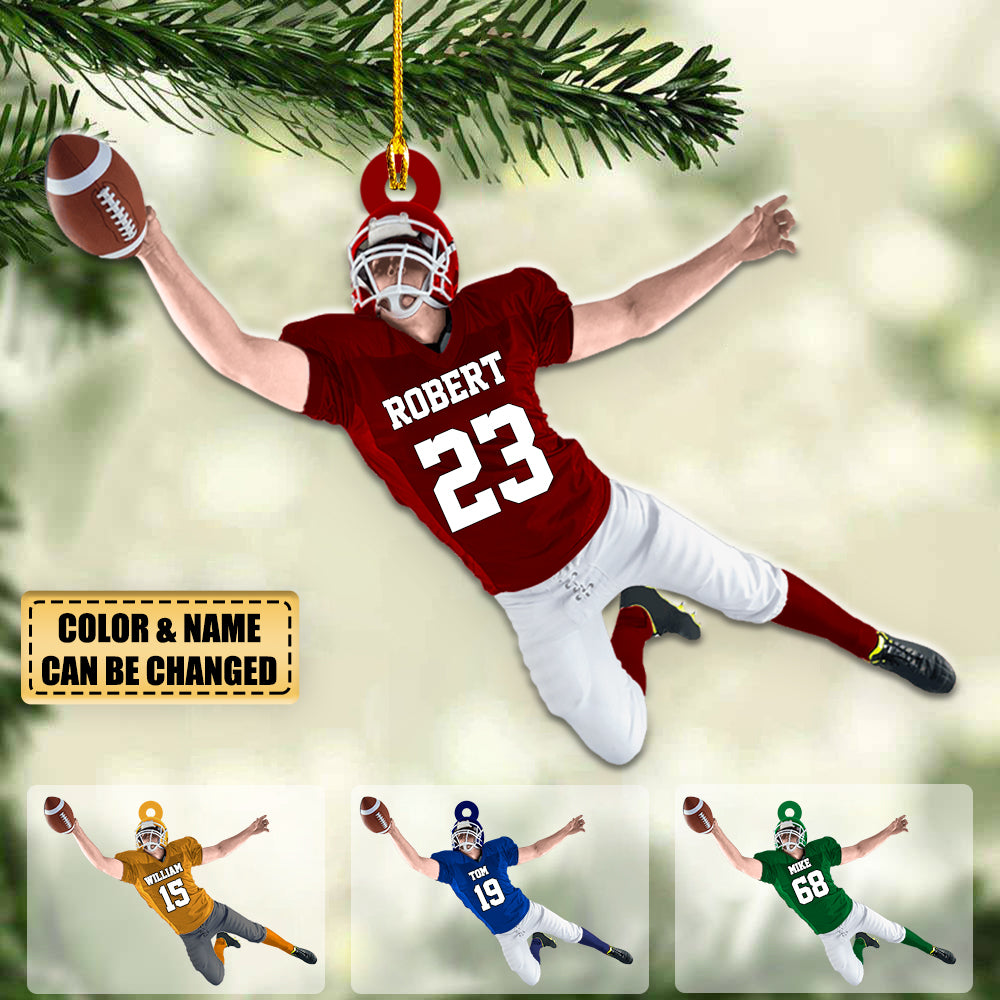 Personalized American Football Jumping With Ball Christmas Ornament for Football Mom Football Player Family Member