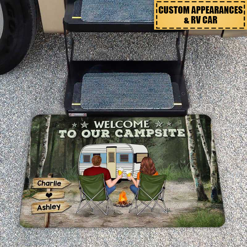 Green Forest Camping Couple Back View Personalized Doormat