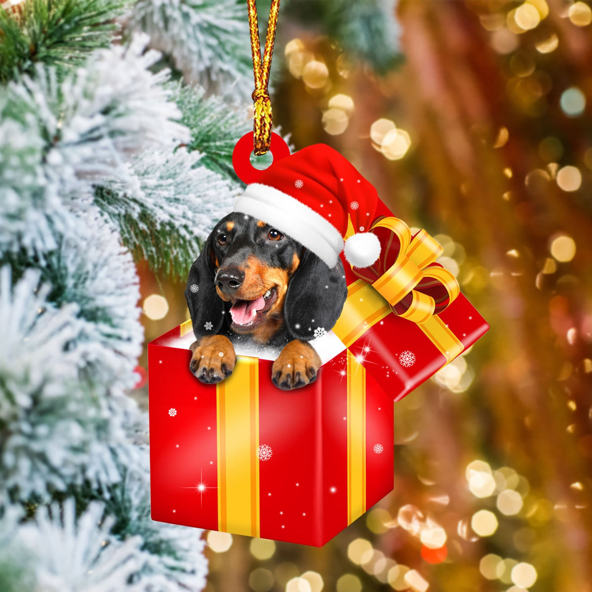 dachshund... In Red Gift Box Christmas Ornament