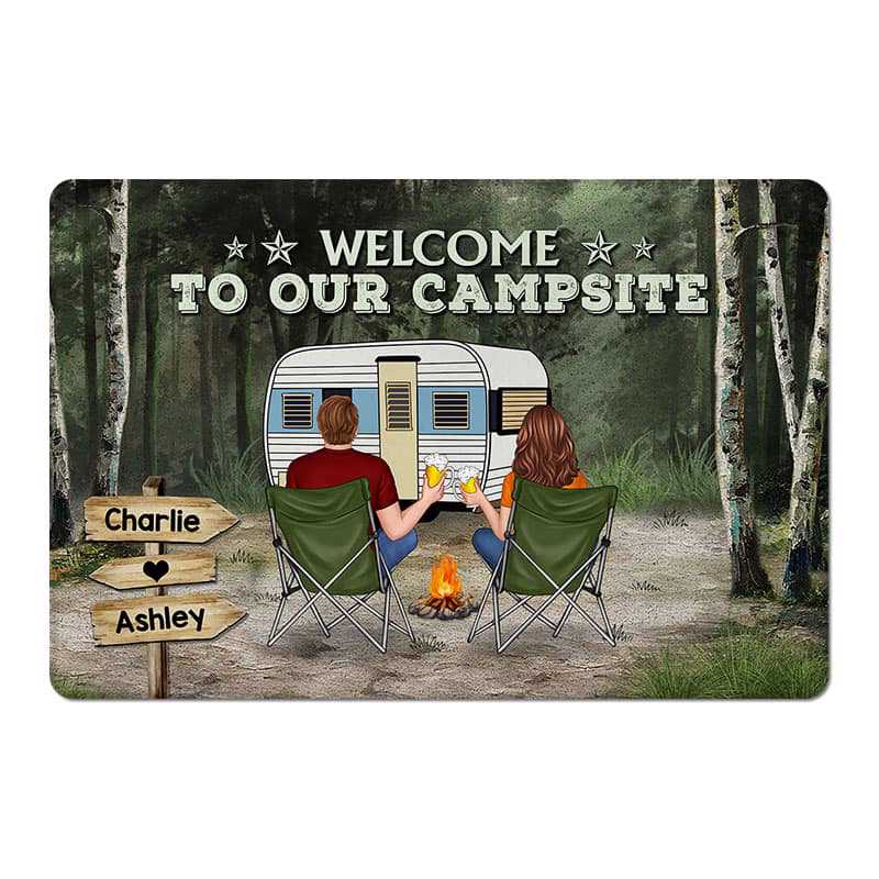 Green Forest Camping Couple Back View Personalized Doormat