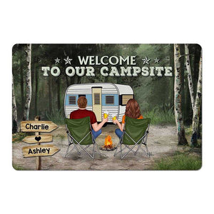 Green Forest Camping Couple Back View Personalized Doormat