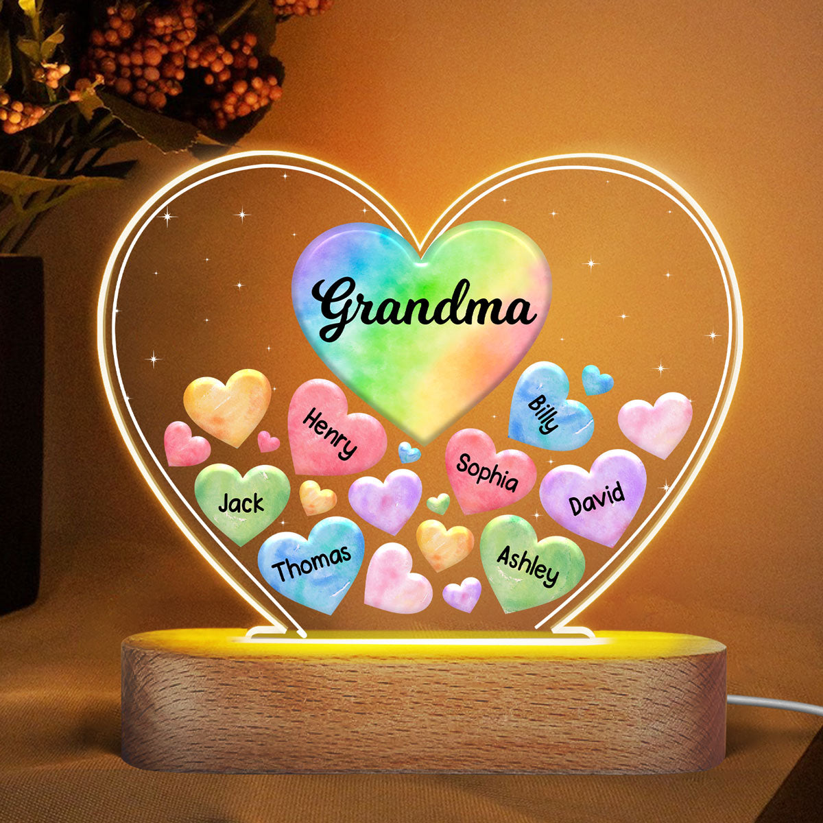 Grandma Mom Hearts In Heart Personalized Acrylic Heart LED Night Light -  yeetcat