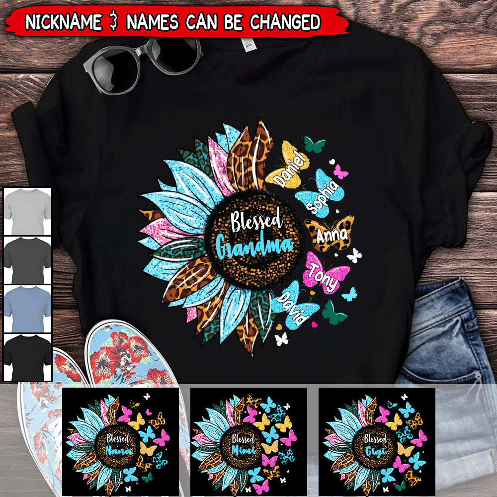 Personalized Tie Dye Leopard Sparkling Sunflower Grandma Nana Mimi Gigi T-Shirt